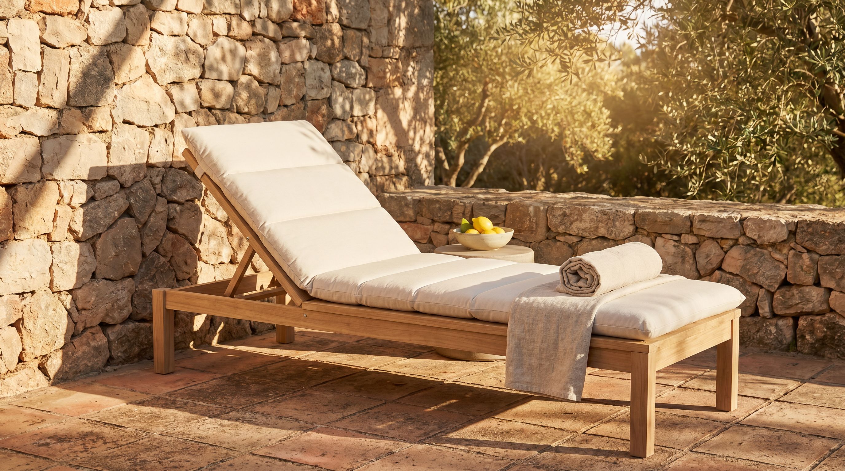 Transat de bord de piscine méditerranéen avec coussin matelassé 190×60 cm